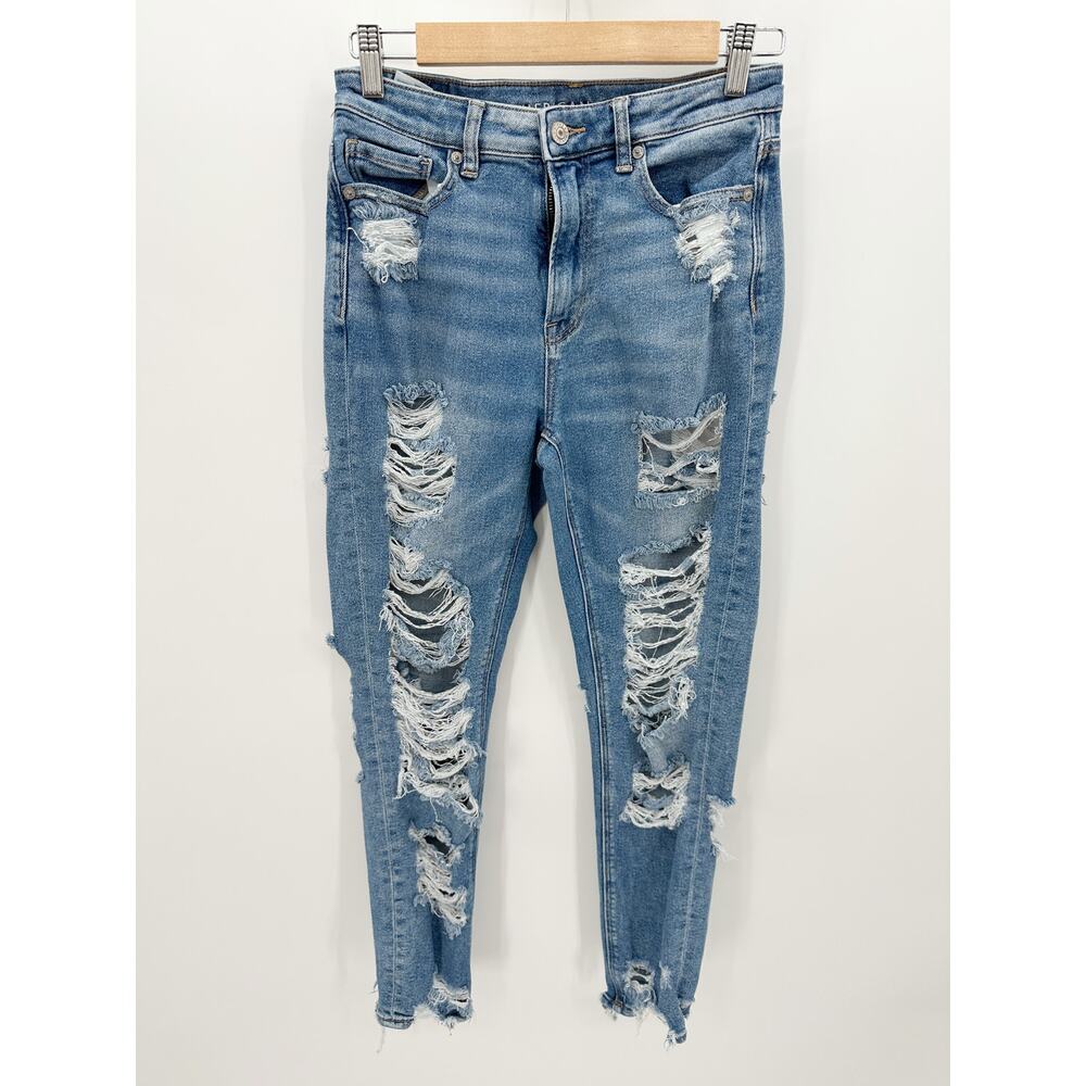 American Eagle Stretch Mom Jean‎ Medium Wash Heavy Distressed Worn Women Size 2